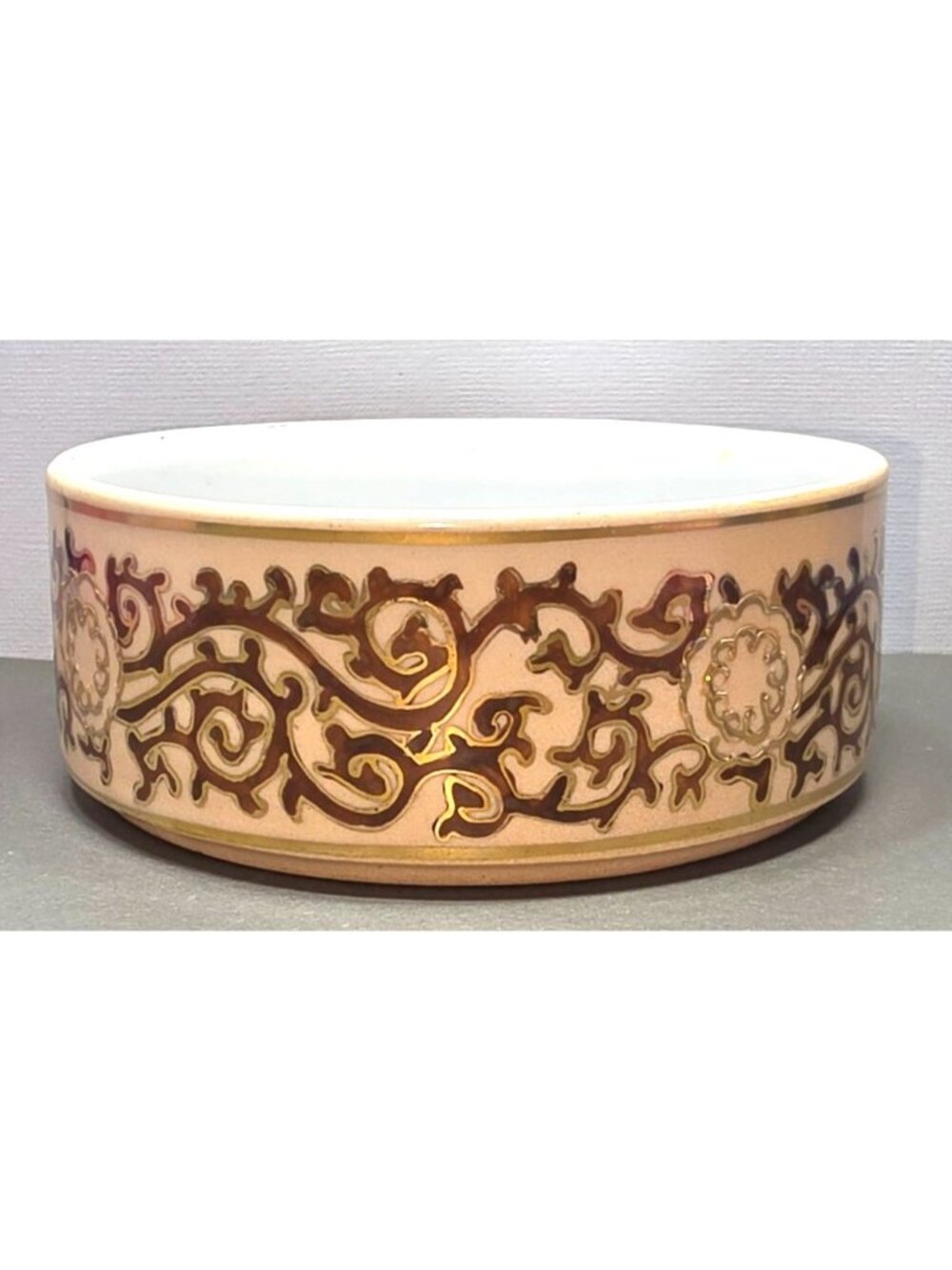 Vintage MCM Decorative Bowl Cream Brown Gold Trim & Detail Ceramic Decor Shallow